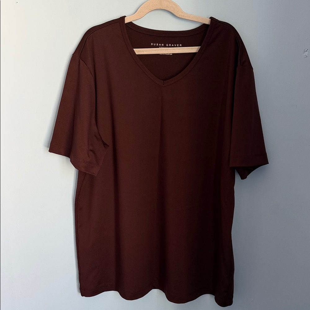 Susan Graver Short Sleeve V-Neck Tee in Deep Brown